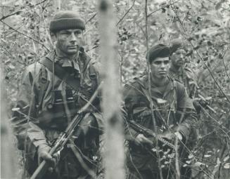 Grim business: No smiles here as these members of the militia reserve go about the serious business of searching out the enemy in the wilds of Toronto Island
