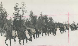 Pack trains like this plod single file through the snowy trails and rcky passes as they carry provisions and weapons to the lofty peaks fo the Rockies(...)