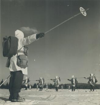 Ski training for troops during the intensive 15-day intructor training course at Valcartier camp, Quebec, includes simple drill in addition to more di(...)