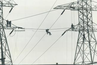 High in the sky-for $13.40 an hour. High in the open trelliswork of Hydro towers at the Richview Transformer Station at Highway 27 and Dixon Rd., Hydr(...)