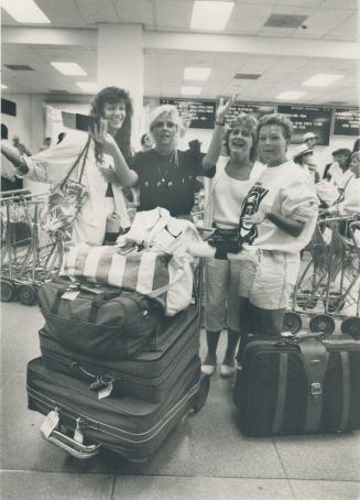 Lost out: Airline's collapse meant missing a flight last night from Toronto to Calgary for, left to right: Charlene Threatfull, Dennine Halstead, Karen Warton, Donna Wood