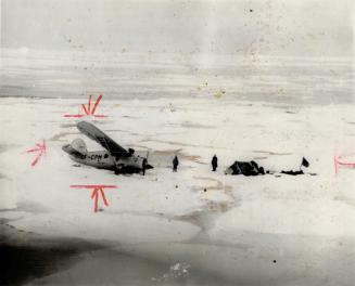 R.C.A.F. Canso patrol bomber sights drifting C.P.A. plane. Pilot and two passengers walked for seven days over ice floes before rescue