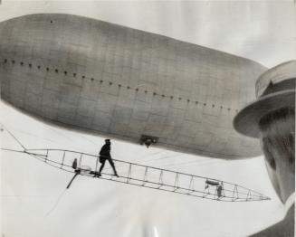 Close-up view of the airship, photographed by the late Allan Fraser, reveals flimsy structure of the gondola in which its pilot rode. A tiny engine, b(...)