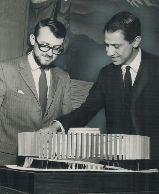 Chemical pavilion for Expo 67, Architect Robert Frew, project designer Morley Markson look at model