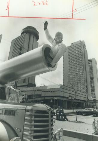 Getting loaded. Hugo Zacchini, the human cannonball, tries his cannon for size in preparation for the Shriners Circus, which opens Thursday at Exhibition Place