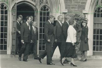 Follow the leader: Margaret Thatcher leads the way to a photo session at Hart House last night followed by, in order, Brian Mulroney, Helmut Kohl, Ronald Reagan, Noboru Takeshita