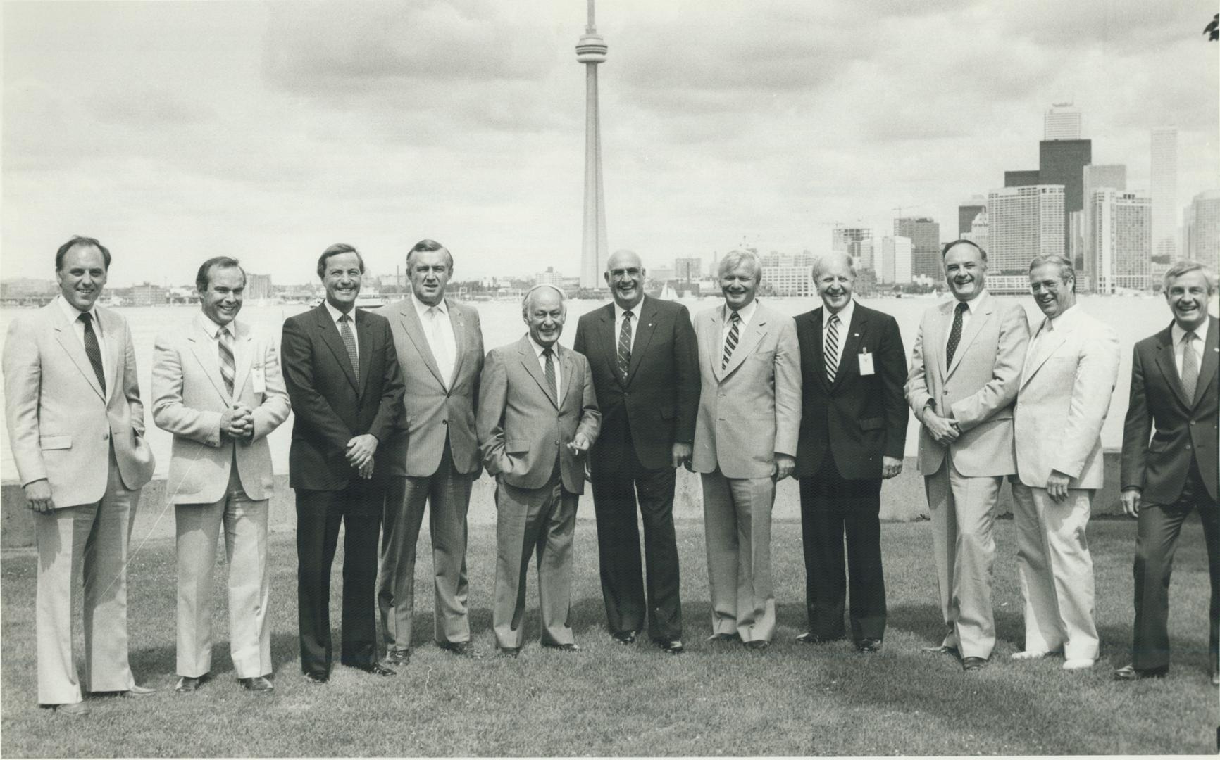 Left to right: Brian Peckford, Grant Devine, Bill Bennett, Richard Hatfield, Rene Levesque, Bill Davis, John Buchanan, Howard Pawley, James Lee, Peter Lougheed