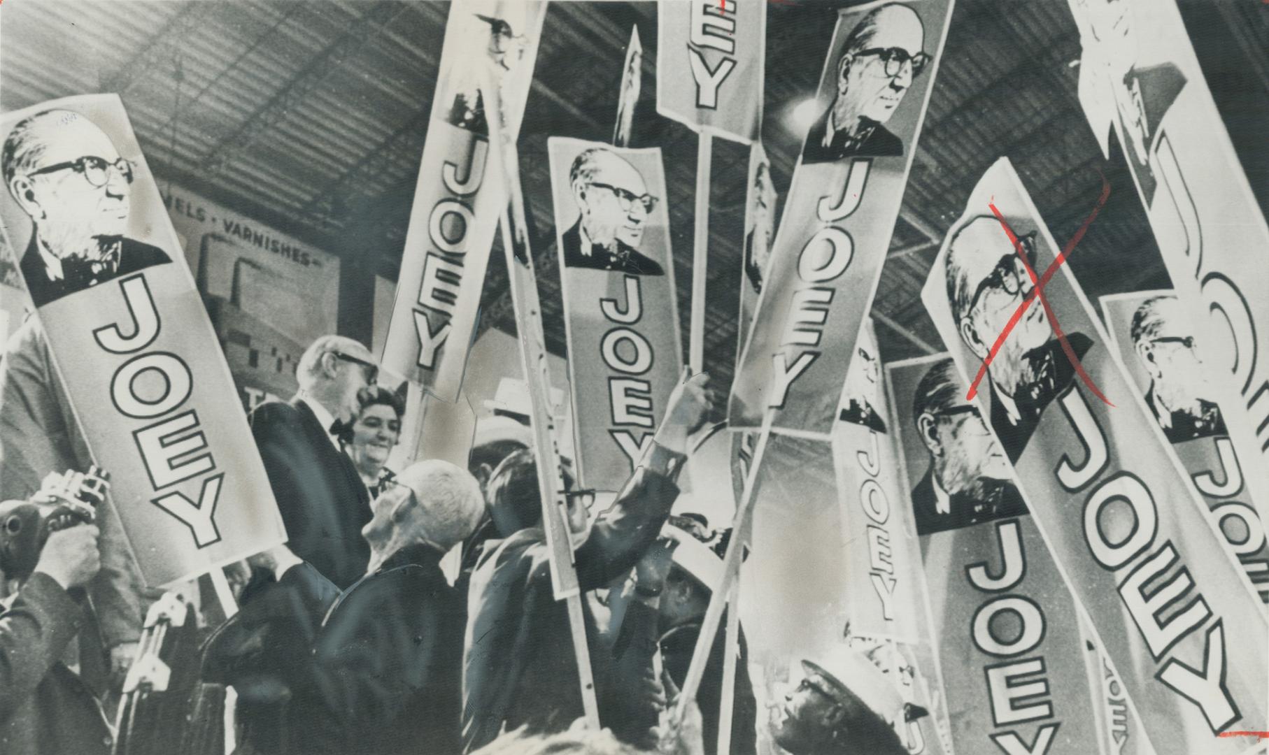 Today's the day when Newfoundland's Liberals decide the future of Joey Smallwood, at left, with supporters' placards all but engulfing him at the part(...)