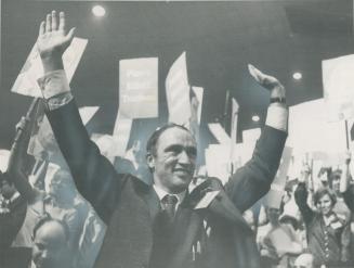 Victory Salute by Pierre Elliott Trudeau, at the week end convention in Ottawa's Civic Centre which named him prime minister designate, came as the cl(...)