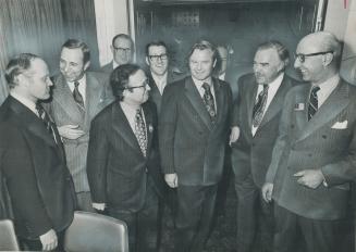 The premier and his boys (from left): Allan Lawrence, McKeough, Welch, Davis , Robarts, Bert Lawrence