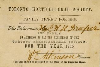 Toronto Horticultural Society family ticket for 1845