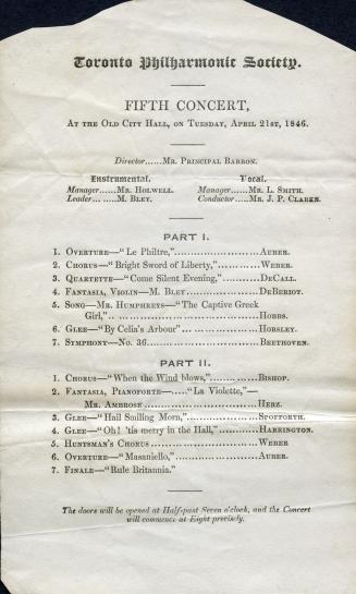 Toronto Philharmonic Society Fifth Concert at the Old City Hall, on Tuesday, April 21, 1846