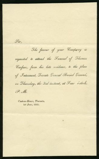 Black-bodered paper: Sir, The favour of your company is requested to attend the funeral of Thom ...