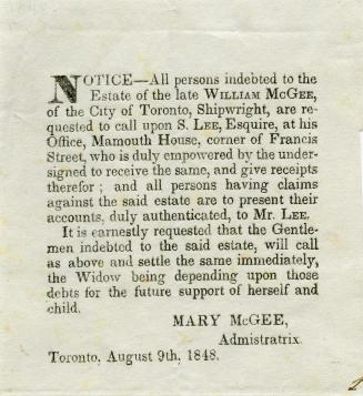 Notice - All persons indebted to the estate of the late William McGee, of the city of Toronto