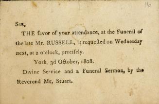 Announcement of Mr. Peter Russell's funeral, York, 3rd October, 1808
