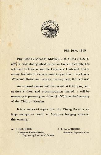 Engineers Club of Toronto notice and invitation
