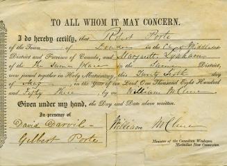 Marriage Certificate of Robert Porte and Margarett Lynham, 1853
