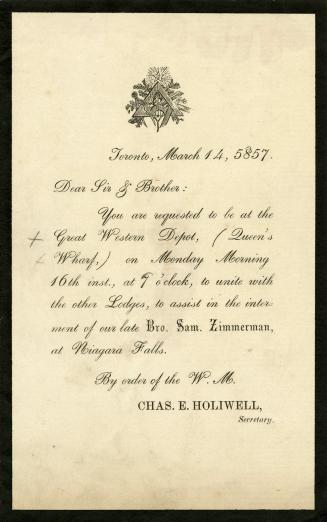  Black bordered paper. Header is a Masonic image. The text reads: &quot;Toronto, March 14th, 18 ...