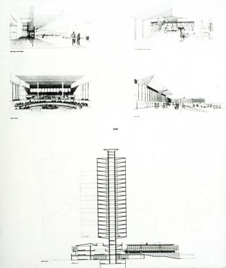 Halldor Gunnlégsson & J?rn Nielsen entry, City Hall and Square Competition, Toronto, 1958, four perspective drawings and section
