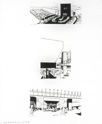 Frank Mikutowski entry, City Hall and Square Competition, Toronto, 1958, three perspective drawings