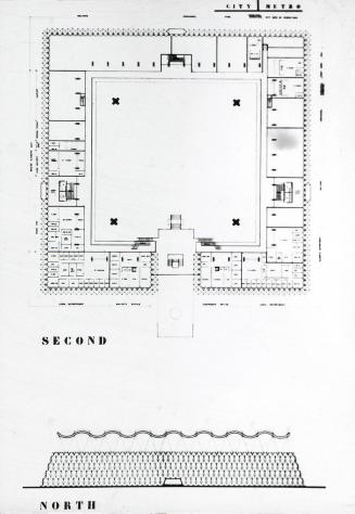 John H. Andrews entry City Hall and Square Competition, Toronto, 1958, floor plan and section