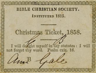 Bible Christian Society, instituted 1815 Christmas ticket, 1858