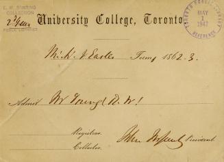 University College Admission Card, 1862-3