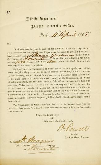 Letter from Militia Department, Adjunct General's Office