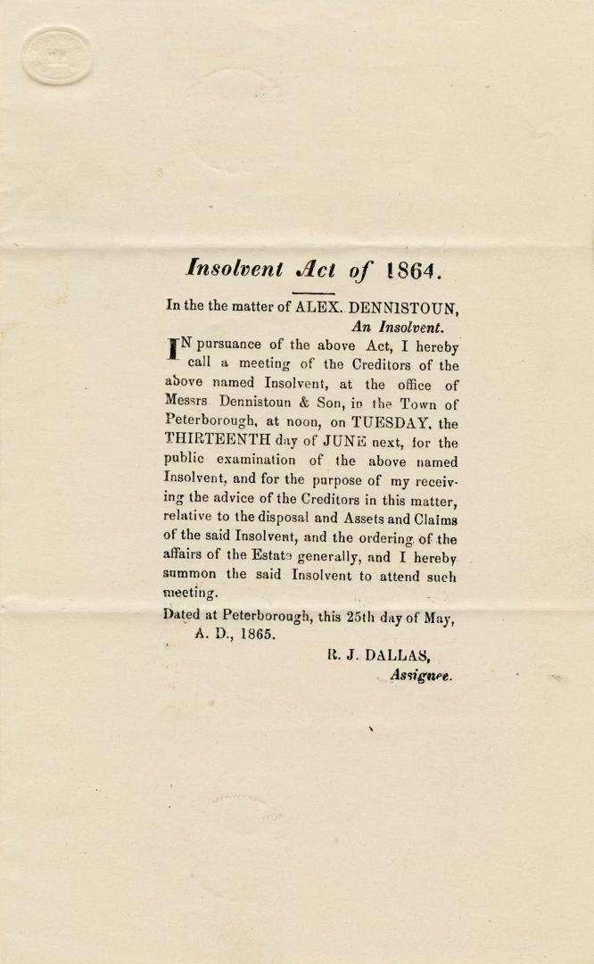 Insolvent Act of 1864, in the matter of Alex Dennistoun