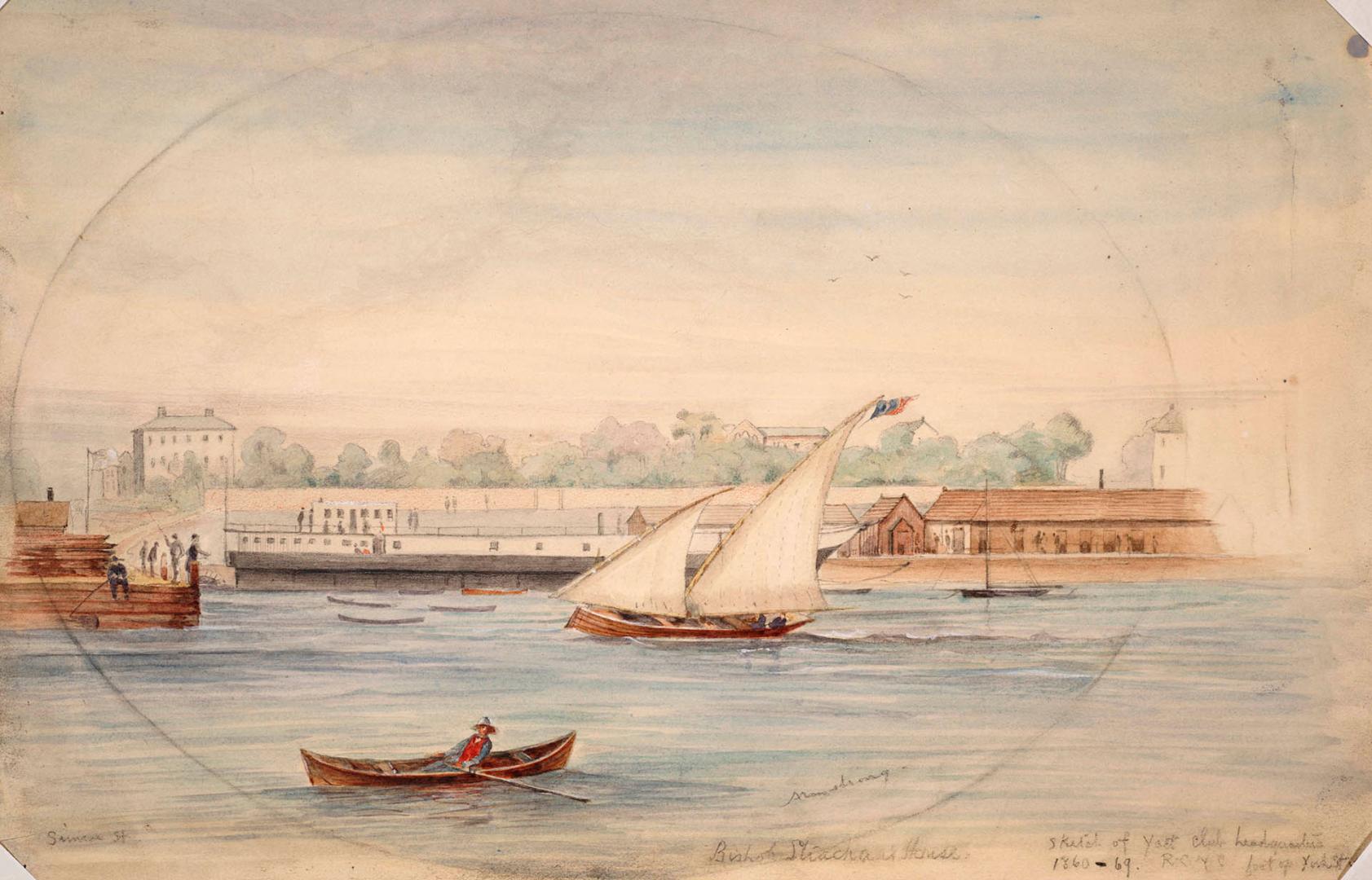 Painting shows a few boats on the lake with some buildings in the background.