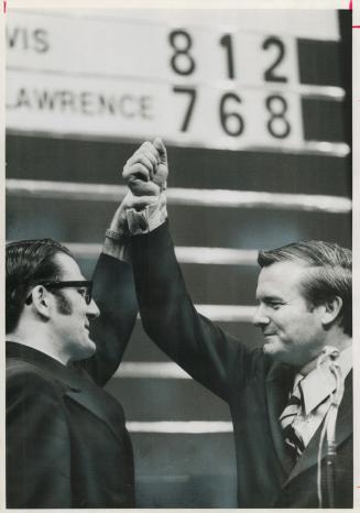 Premier-elect William Davis (shown here in victory gesture with party president Alan Eagleson) is described by Frank McGee as a practical idealist