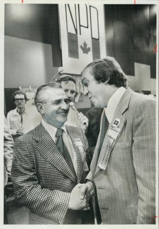 The new leader of the NDP, Ed Broardbent (right), is congratulated by retiring leader David Lewis Yesterday