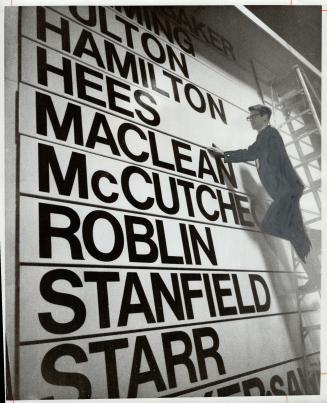 Candidate list filling 20-foot high billboard in Maple Leaf Gardens gets finishing touch today from Ron Shuker before start of Conservative leadership vote