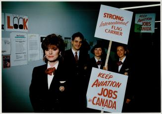Airing anger: Air Canada's Pam D'Andreis, left, Bruno Gravier, Marian Peacock and Huguette Perron demonstrate the style they're bringing the candidates in key ridings during the election campaign