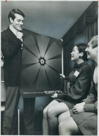 Practising up so they'll be able to tell the world about Ontario at Expo 70 in Japan, Ontario pavilion guides Frank Foulkes, Judy Kobayashi and Karen (...)