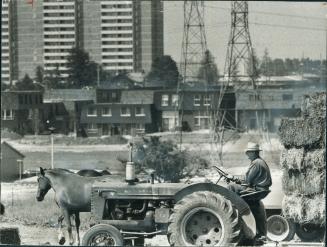 Close to the madding crowds of Metro, Harold Patton plows with his tractor in view of townhouses and high-rises--made to look closer with a telephoto (...)