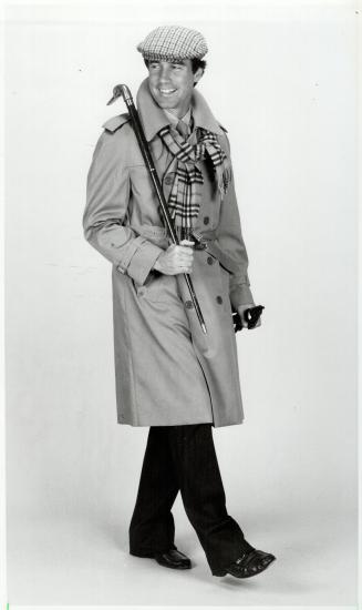 Right, with cashmere Burberry scarf ($85), brown gabardine trenchcoat ($445), walking stick ($95), leather driving gloves ($37.50), tweed cap ($25). All from Harry Rosen