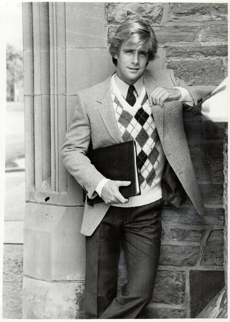 Traditional style: Left, wool tweed blazer, $119, tops blue shirt, $32, silk tie, $20, argyle sweater, $44, and brown wool pants, $52