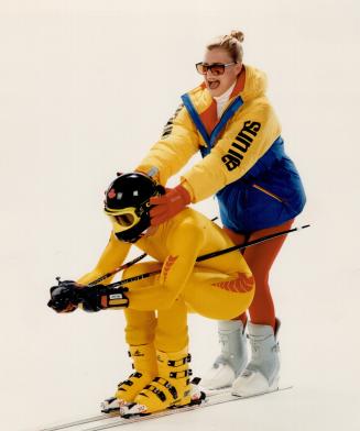 Above, he wears Ditrani downhill racing ski suit, $470, Lange ski boots, Blizzard Thermo skis, Carrera goggles, Uvex racing helmet, all at Sporting Li(...)