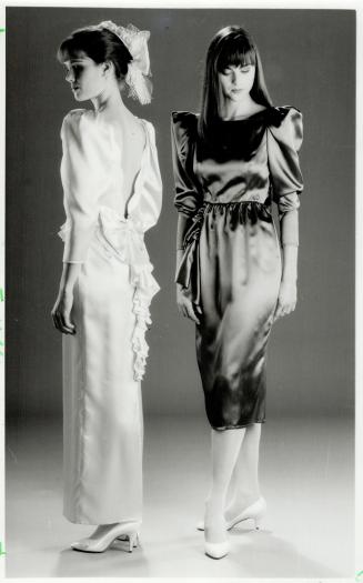 Satin: Above left, satin gown, $215, hat, $45, right, satin dress, $199, all Chez Jordan Designs