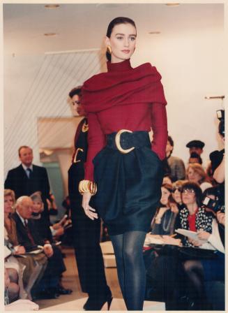 Above left, Donna Karan's raspberry ribbed trutlenecked bodysuit under a matching ribbed Merino wool cowl an stretch calvary twill sculpted skirt