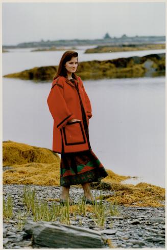 Above, from the Suttles and Seawinds fall collection: wool duffle coat with print fabric trim, $199, Fleur delys cotton dress with pieced border, $220