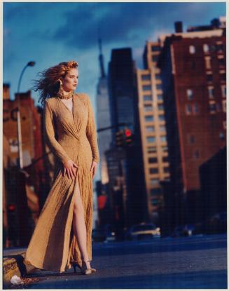 A handbeaded bias-cut silk chiffon gown, left illustrates Donna Karan's sensuous evening look for spring