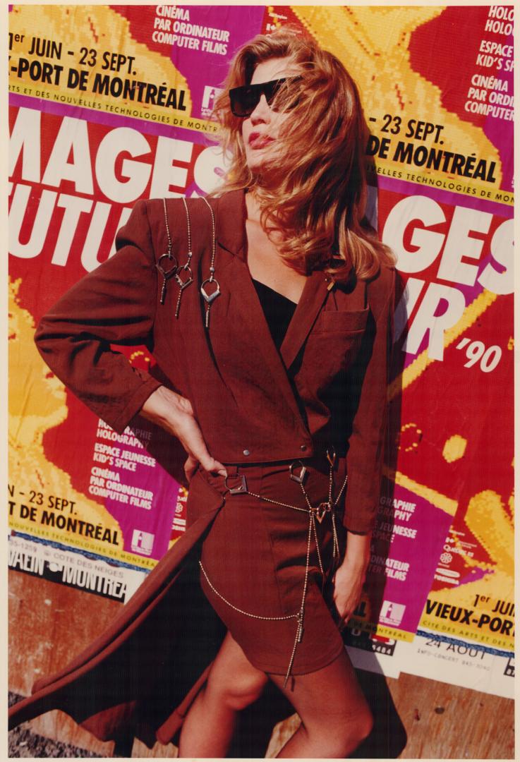 Right, chain-trimmed jacket, $210, and skirt with detachable train, $190, from Maurice Ferland, are teamed with a leather bustier from Dagisco, $225