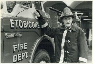 Fireman James Britton at No. 3 firehall of the Etobicoke fire department at 280 Burnhamthorpe Road, just west of Kipling. [Incomplete]