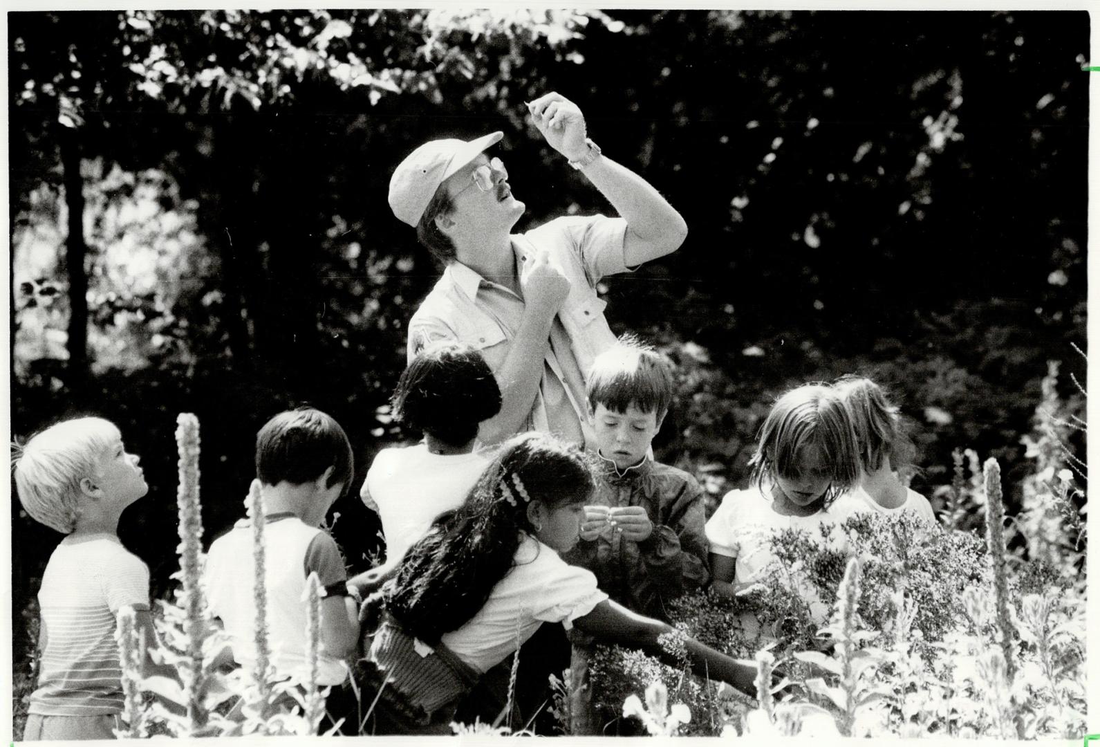 Stalking wildflowers: A group of children, led by Humber Arboretum naturalist David Stephenson, study wildflowers growing along a nature trail at Humber College