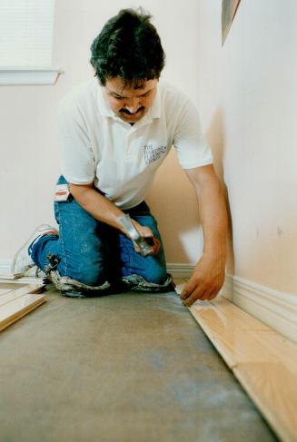 After nailing extra dry wall screws into the sub-floor to eliminate squeaks, and applying a vapor barrier with a wax coat on one side, the first two strips are nailed down by hand