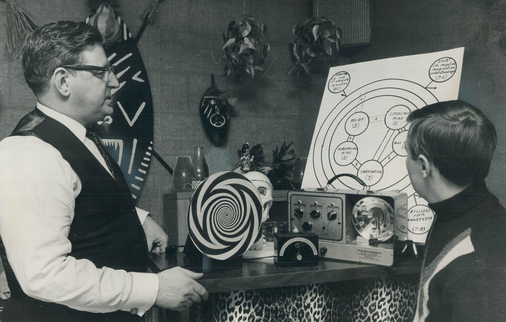 Ralph Albert and son Joe look over some of the equipment he uses in hypnosis experiments, Three items on shelf are, from left, hypnodisc, flash beat metronome and brain wave synchronizer