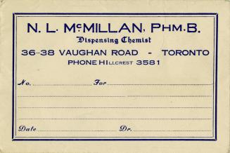 Image shows a blank prescription card from N. L. McMillan, PHM.B. Dispensing Chemist 36-38 Vaug ...