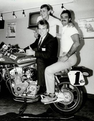 Cream of crop: Reigning motorcycle champion Paul MacMillan of Markham perches on his Suzuki Katana, with challengers Rueben McMurter, behind him, and Miles Baldwin of Toronto, at rear